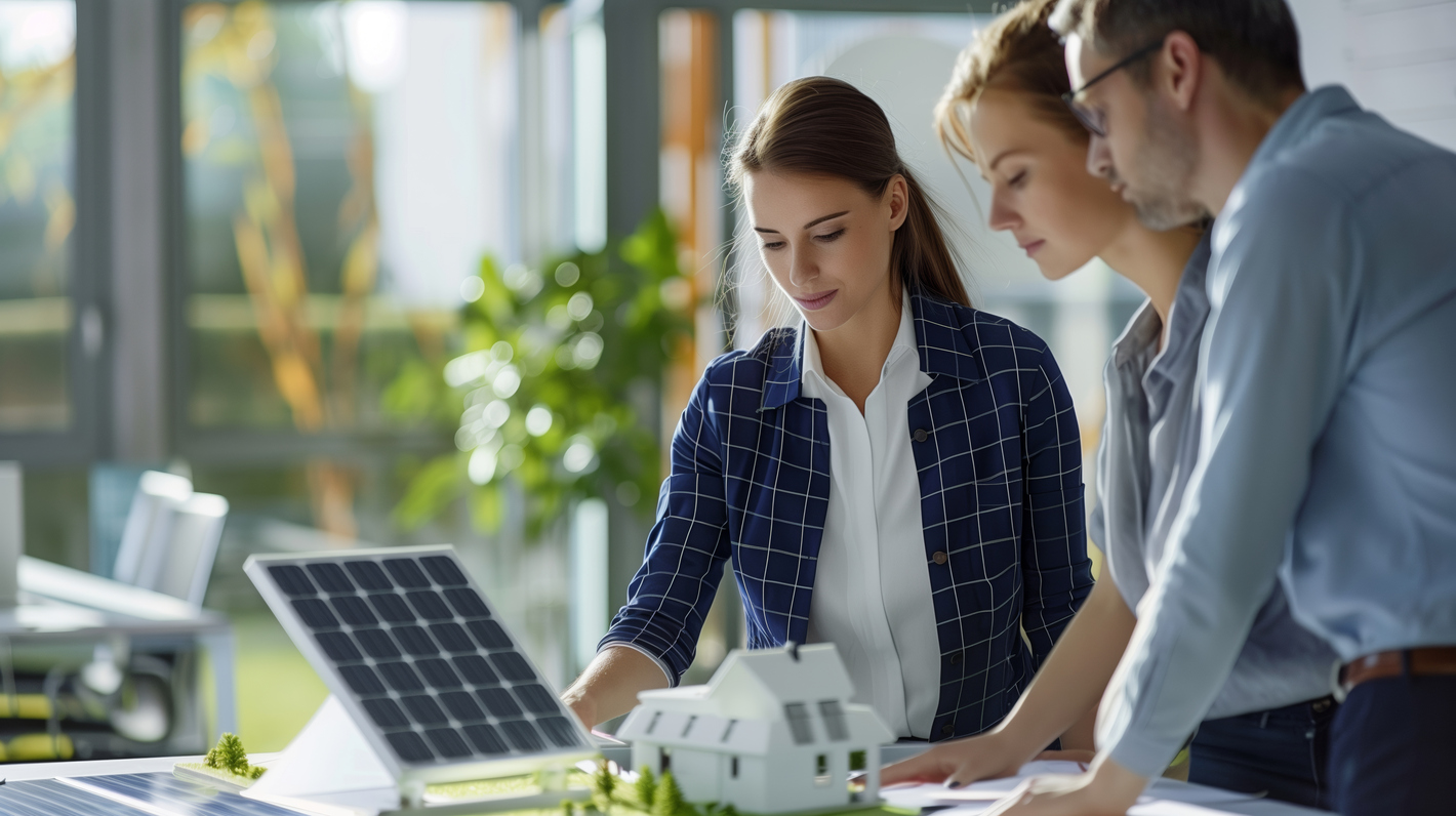 Professionals review a solar panel model in a sustainable energy meeting